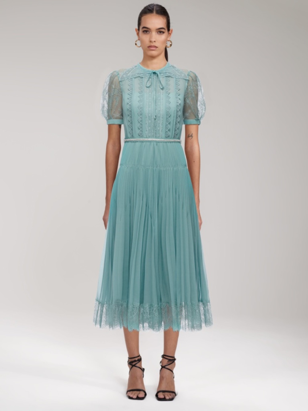 Self-Portrait Sage Green Lace-Trim Pleated Midi Dress